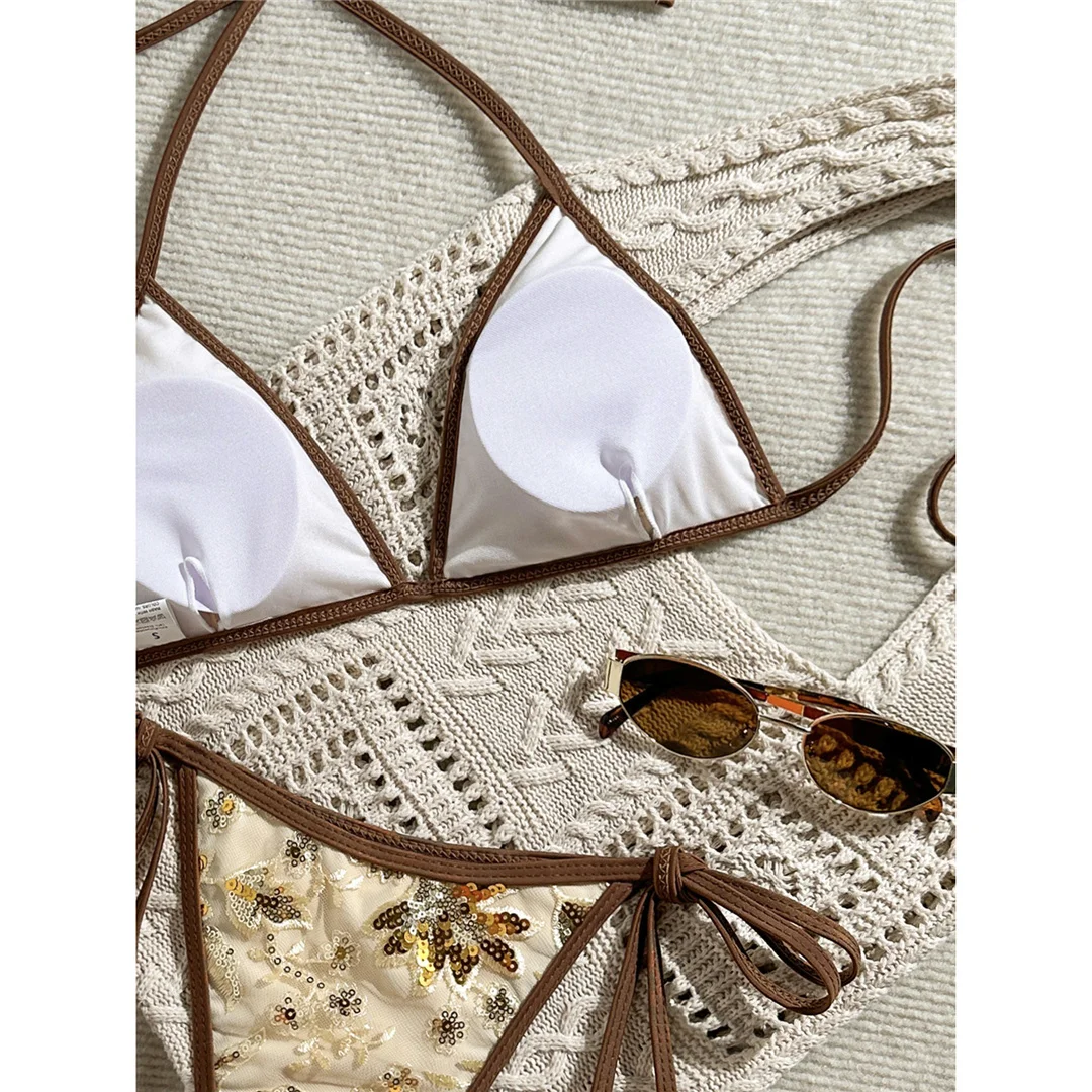 Bedruckter Bikini mit Pailletten, Neckholder-Design, Damen-Badebekleidung, zweiteiliger Bikini, hoher Beinausschnitt, Badeanzug, Badebekleidung, Modell V8237. – Detail 29