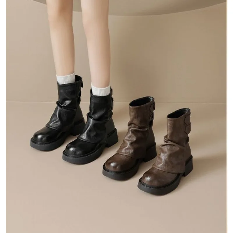 Vintage Distressed Slouch Mid Calf Boots for Women Thick Sole Block Heel Round Toe Soft Leather Boots Back Zipper AutumnFootwear