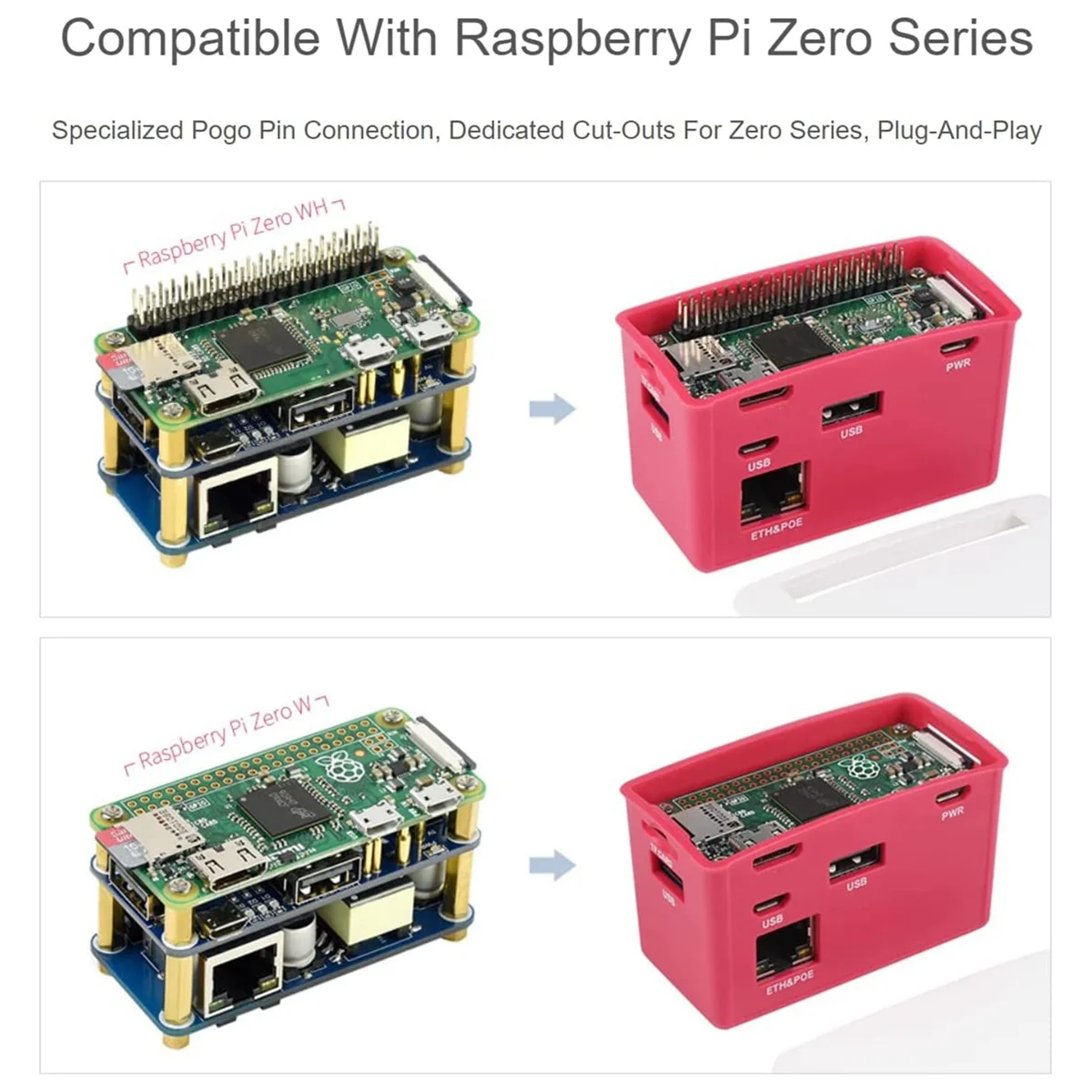 HUB USB Ethernet Waveshare-PoE, Chapéu com caixa, Estojo ABX, Raspberry Pi Zero W 2 W Zero WH 2 WH