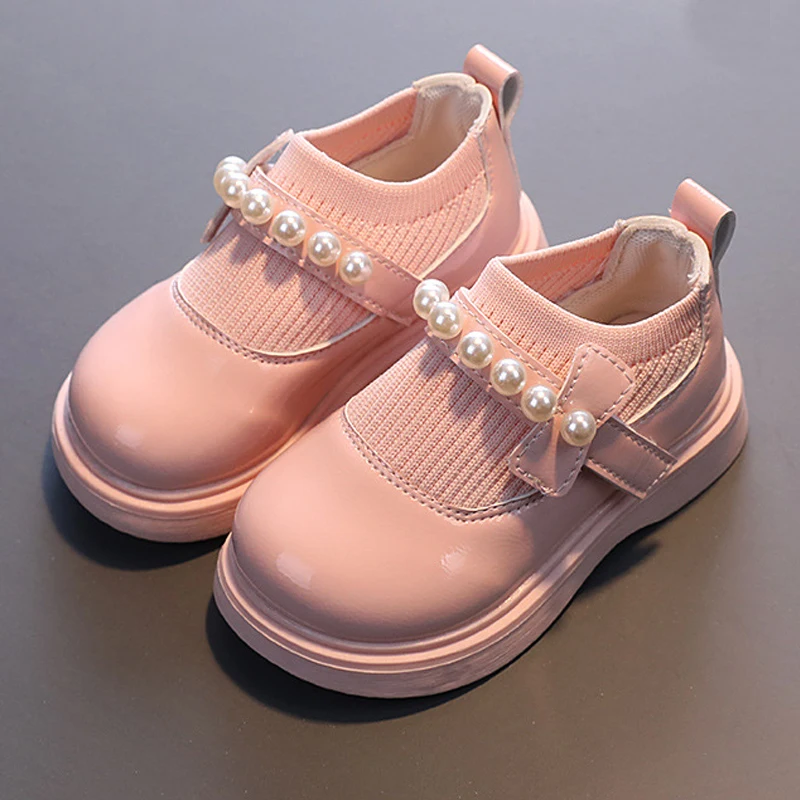 

Girls Leather Shoes for School Party Wedding Kids Black Loafers Slip-on Children Flats Fashion British Style Pearls Beading