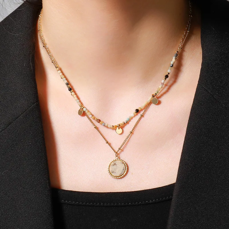 

Brass Plated 18k Gold Color Necklace Vintage Natural Stone Beaded Necklace For Women Fashionable Stainless Steel Jewelry