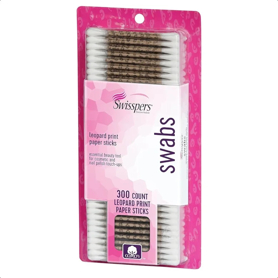 Swisspers Premium Leopard Paper Swabs Confezione da 300 pezzi da 1 batuffoli di cotone divertenti ed eleganti con design leopardato Punta in 100 cotone