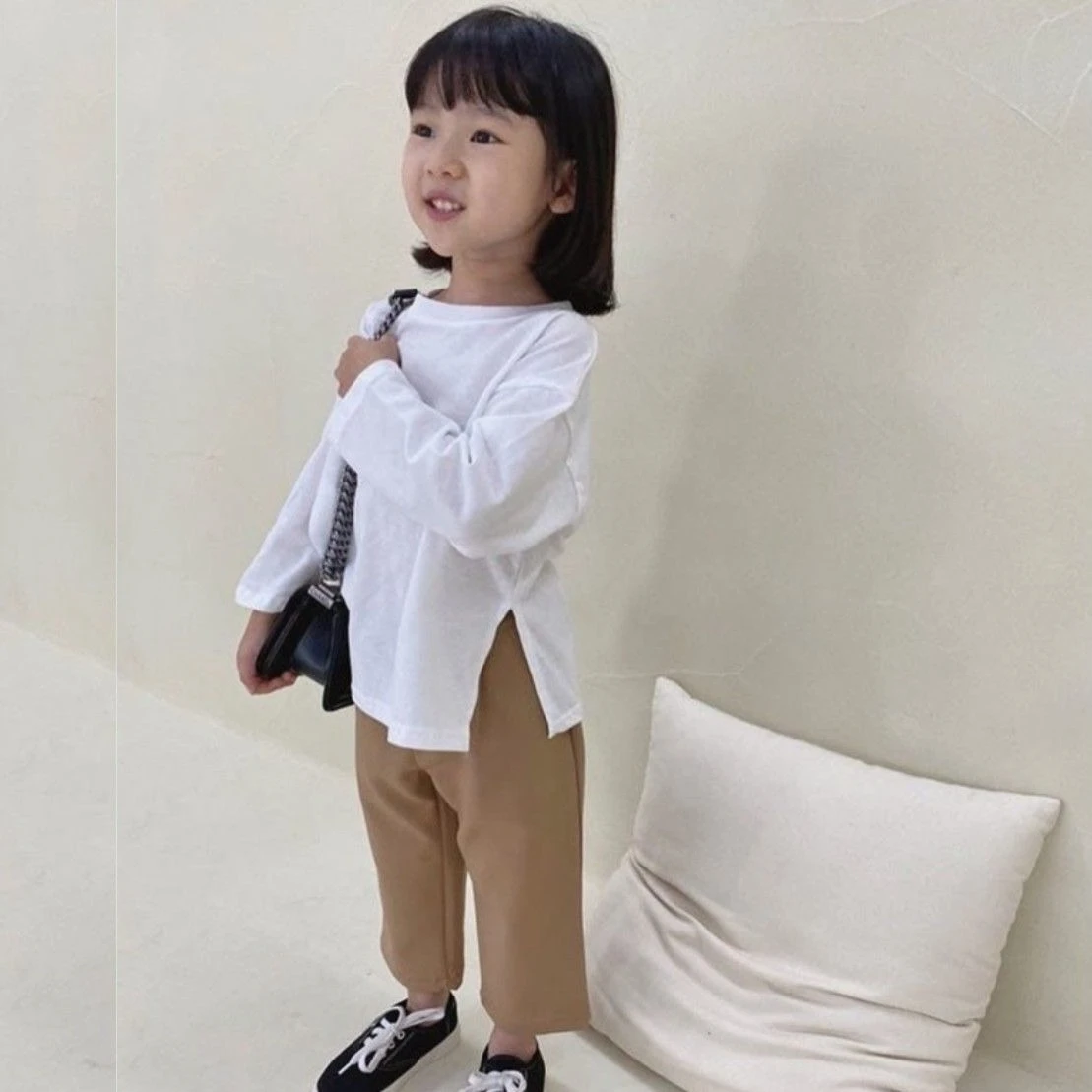 Girls Cotton Long Sleeve T Shirt Spring Autumn Mid Length Base Layer Top Casual Kids Tees New Arrival Solid Color Basic Tee