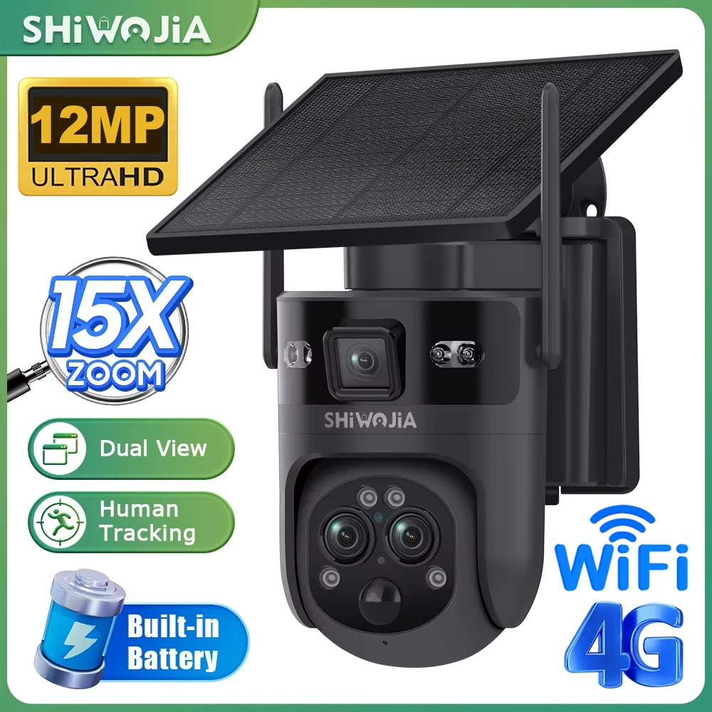 SHIWOJIA 15X ZOOM Solar Camera 4G 12MP 6K Three Lens 360° View 8W Solar Panel Security Outdoor PTZ IP Camera 15600mAh Battery