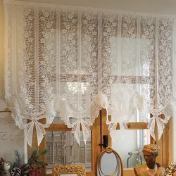 French Aesthetic Retro Bows Lace Short Tulle Curtains White Fine Woven Flower Jacquard Sheer Half Coffee Curtain Door Drapes
