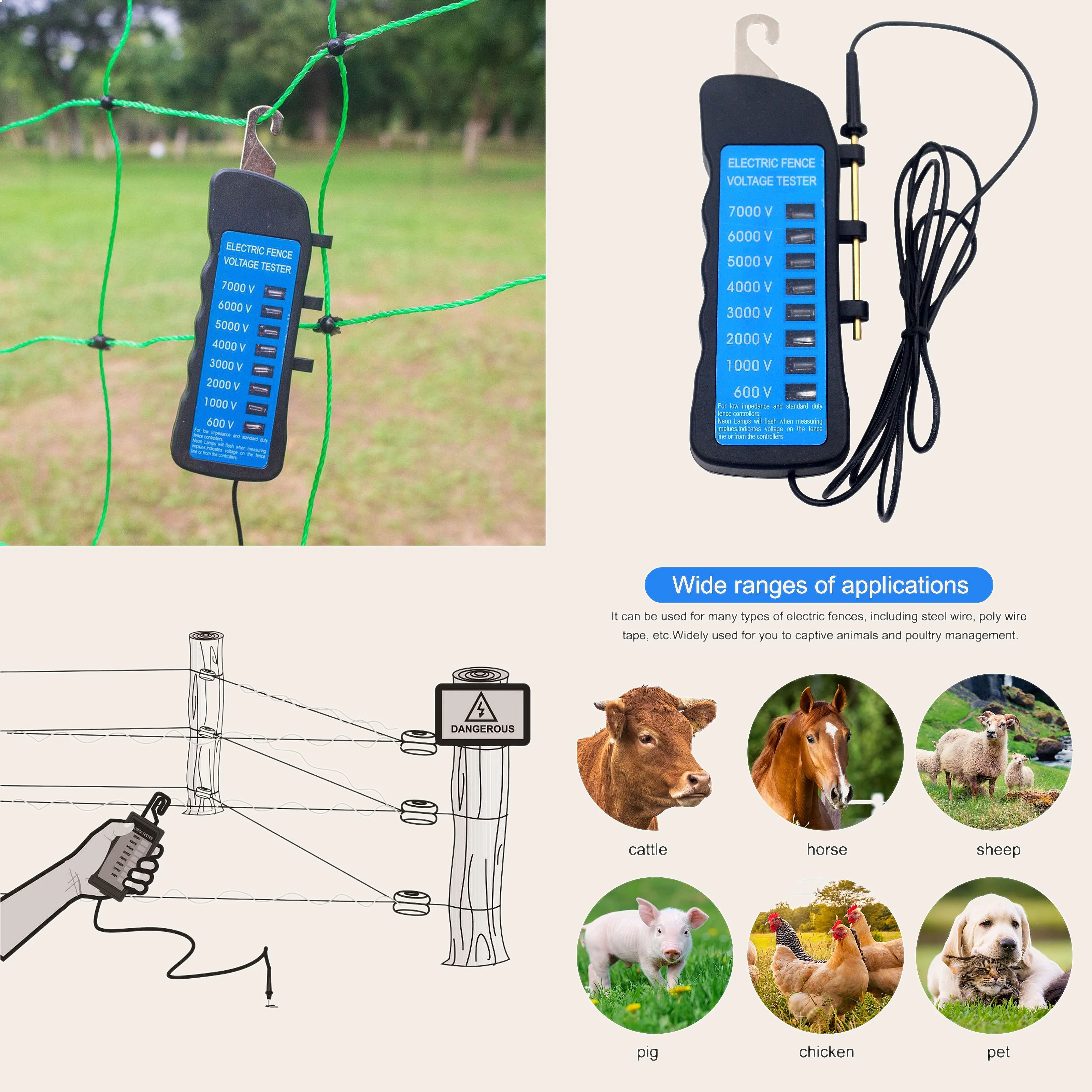 Ranch Fence Voltage Tester 600v-7kv Electronic Fence Pressure Gauge for Farm Animal