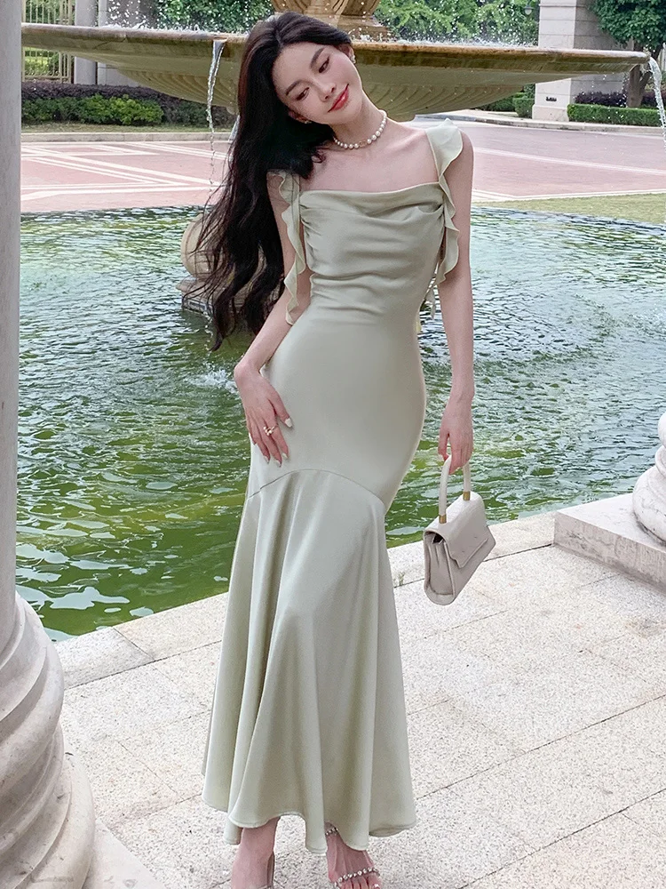 Vestido de satén verde claro de estilo francés, cintas de regreso a casa, sin mangas con cremallera, vestido de sirena exquisito y elegante, vestido de graduación moderno