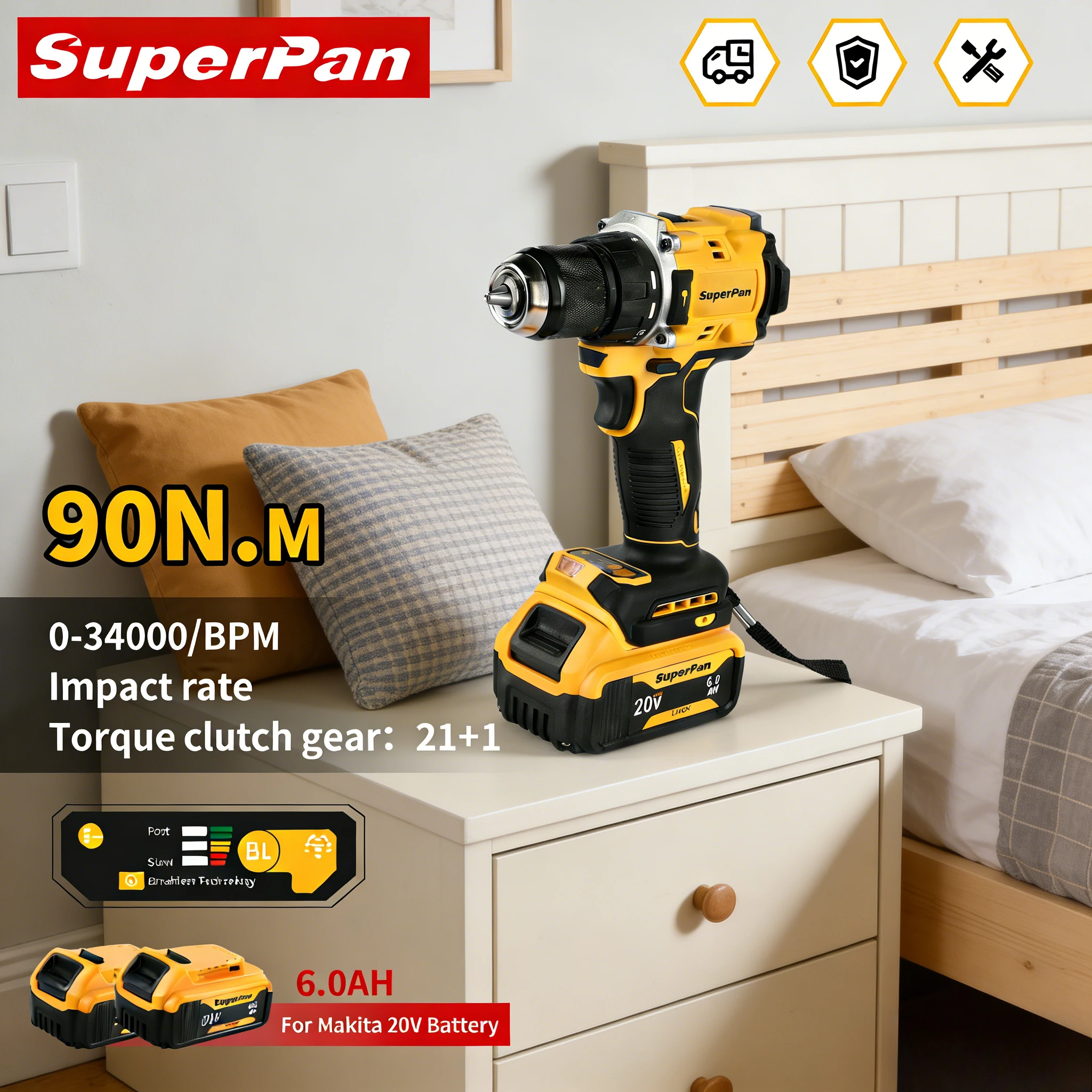 

Бесщеточная аккумуляторная дрель SuperPan 20V, 90/27 Нм, патрон 13 мм, для ремонта автомобилей, домашнего использования, DIY, работы с деревом, совместима с аккумулятором Dewalt 20V