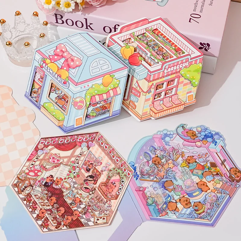 Card Lover 3 Pcs [Miniature Small World Sticker Series] 2.5D Page Flip Mini Edition Landscape Stickers DIY Puzzle Material Kit