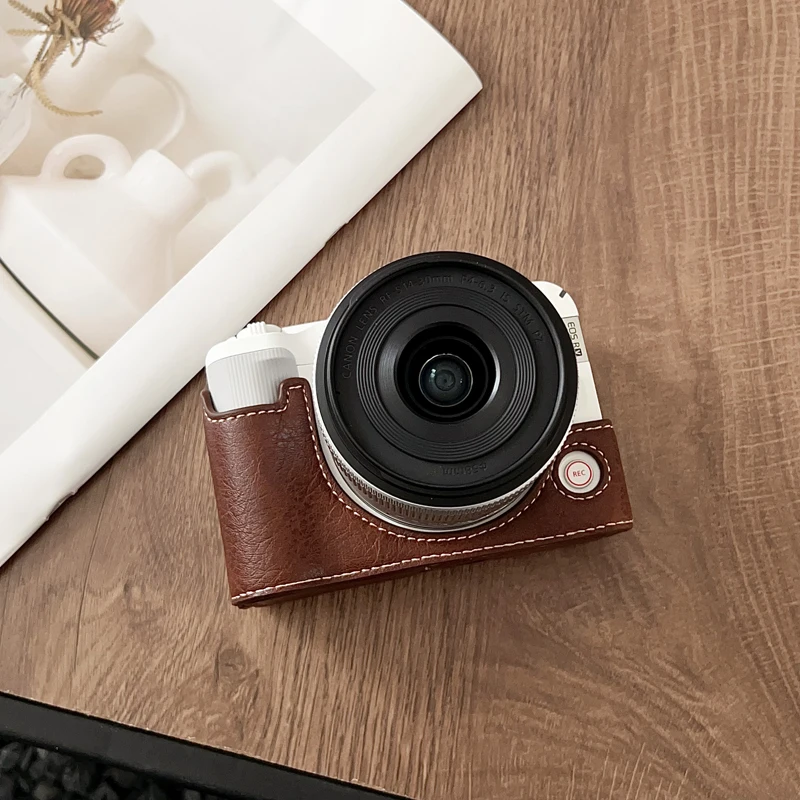Buffalo Pattern PU Leather R50V Case Camera Bag Half Body Base Protector for Canon EOS R50V Protective Opening Bottom Cover