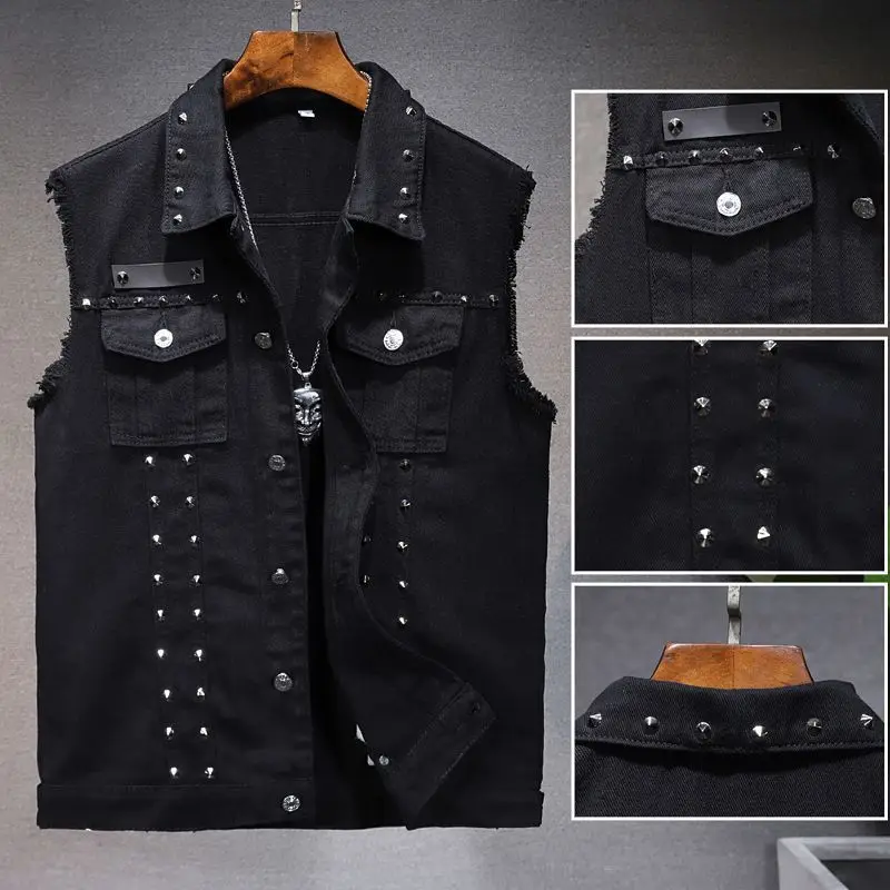 

Spring Summer Studded Denim Vest Unisex European and American Motorcycle Vest Punk Top Sleeveless Fashion Jacket