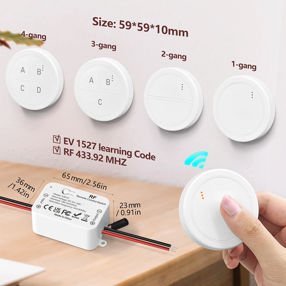 RF 433 ميجا هرتز لاسلكي للتحكم عن بعد مفتاح الإضاءة تيار مستمر 6 فولت 12 فولت 24 فولت 36 فولت 10A مرحل جديد صغير مستدير عن بعد ، لمروحة مضخة LED قفل مغناطيسي