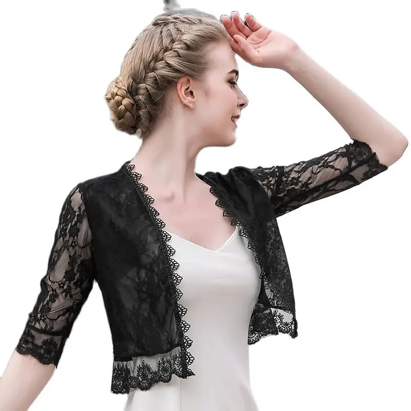 Bolero Women Femme Long Sleeve Lace Jacket Casual Lace Appliqued Shawl Shurg Wedding Bridal Cape Party Wedding Wrap Short Coat