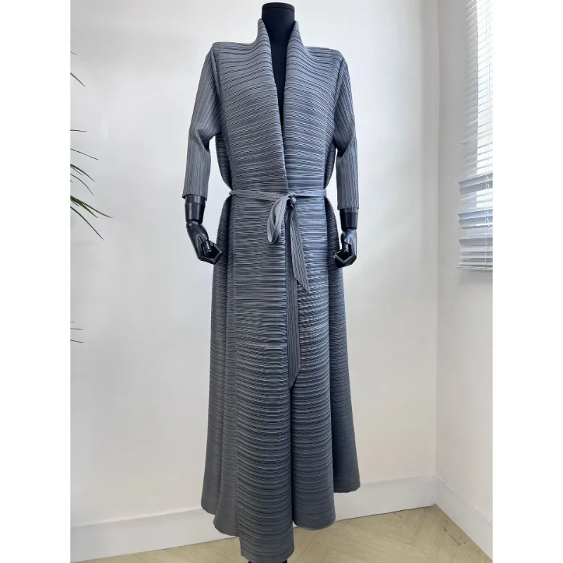 Miyake Pleated Long Coat 2023 Autumn New Long Cardigan Windbreaker Coat Solid Loose Large Lapel with Belt Women Coat Robe