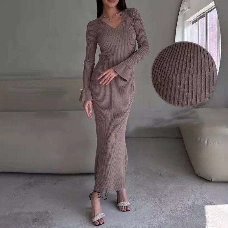 

Long Sleeve V-neck Tight Knit Skirt 2025 Solid Color Pit Wool Long Autumn and Winter Women's Dress