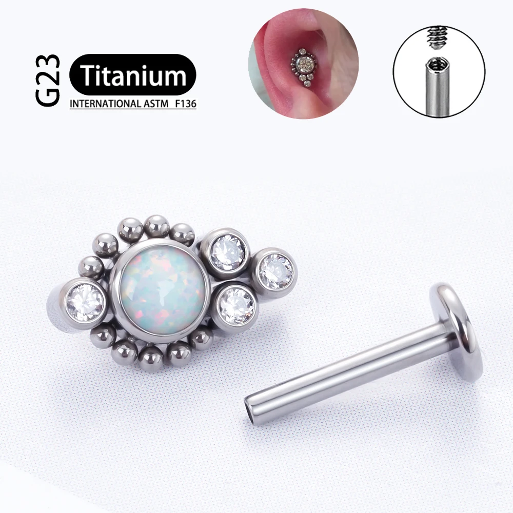 G23 Titânio Ear Studs para Mulheres, Zircão Opal Agate Labret, Lip Tragus, Presente de Natal, Cartilagem Piercing Jóias, ASTM F136