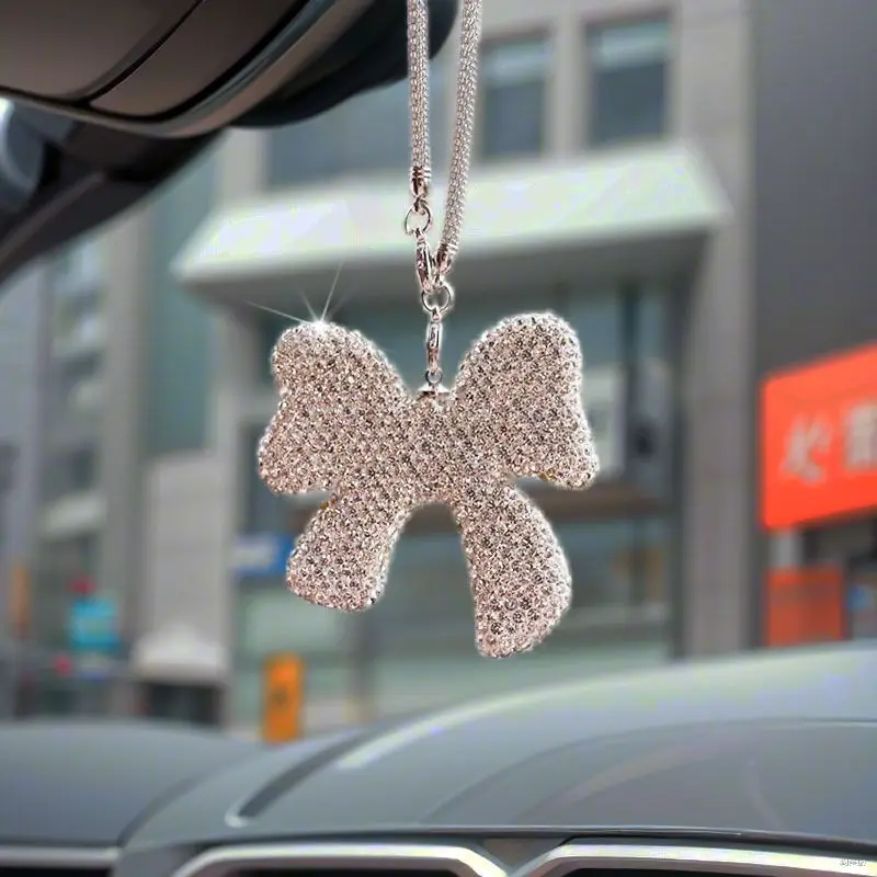 

Bow Letter Clay Car Ornament Women Rhinestone Rearview Mirror Hanging Pendant Auto Decor