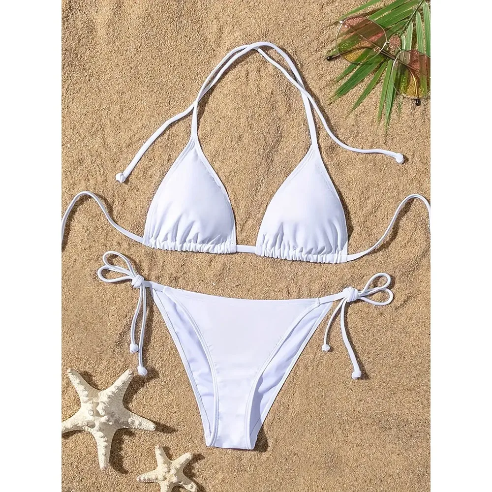 

1Pc Women Swimsuit Ribbed Backless Pads Bikini Set Halter Triangle Bra Side Tie Thong Swimwear Beachwear Lady Bathing Suit
