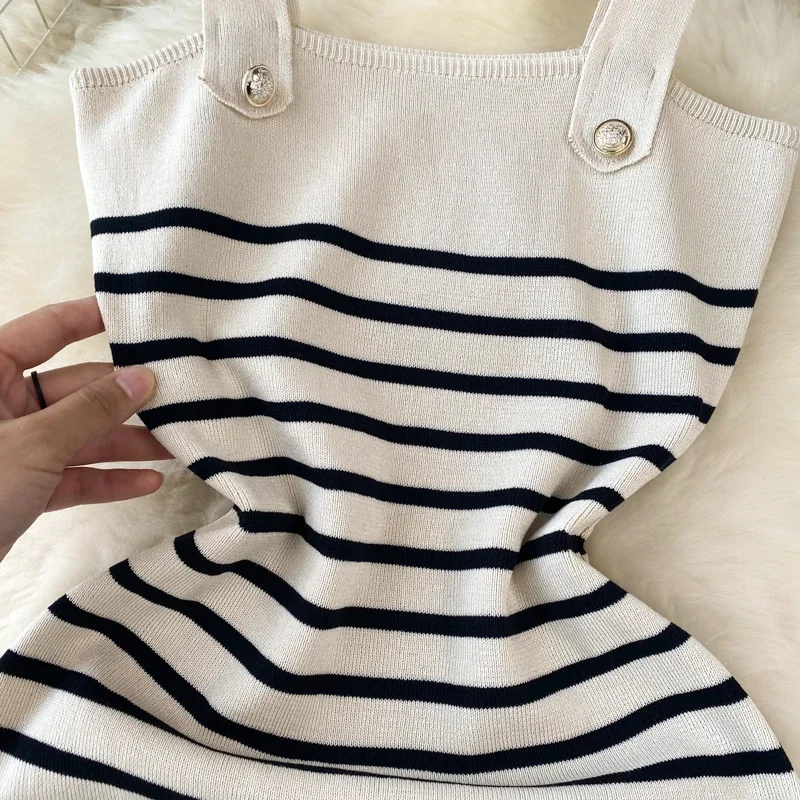 Striple 2024 Sexy Summer Knit Strap Dress Women Tank Elatic Waist Bodycon Sundress Female Beach  Backless Midi Dress