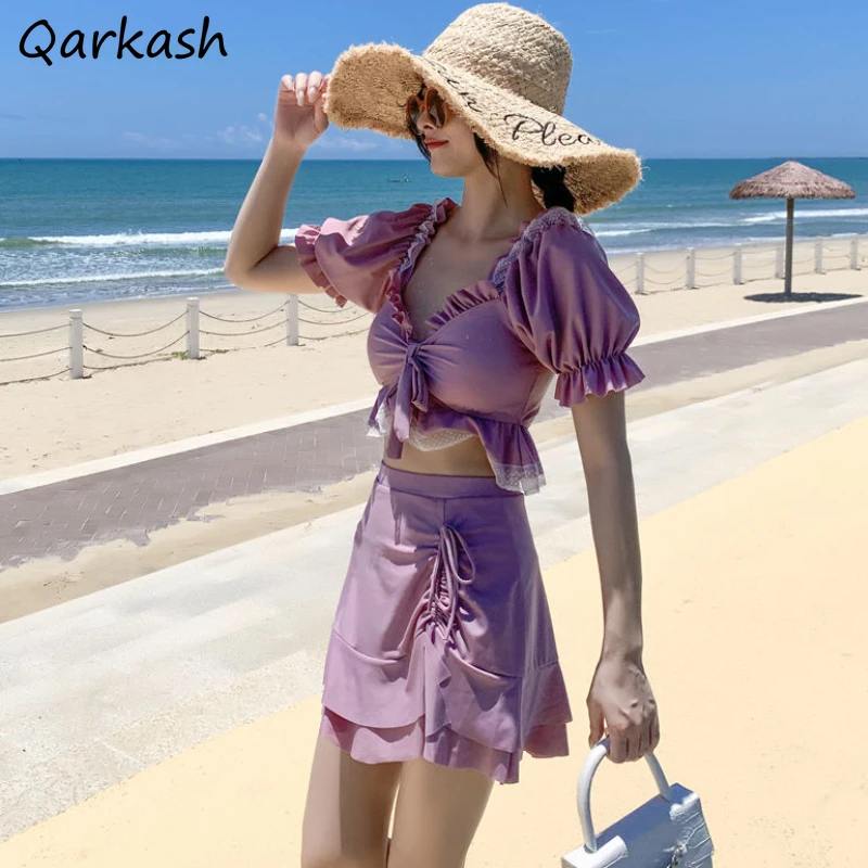 

Женский комплект бикини с оборками, бандажный комплект из 2 предметов Ulzzang, студенческий пляжный отдых, стильный купальник, летний простой купальный костюм с пышными рукавами