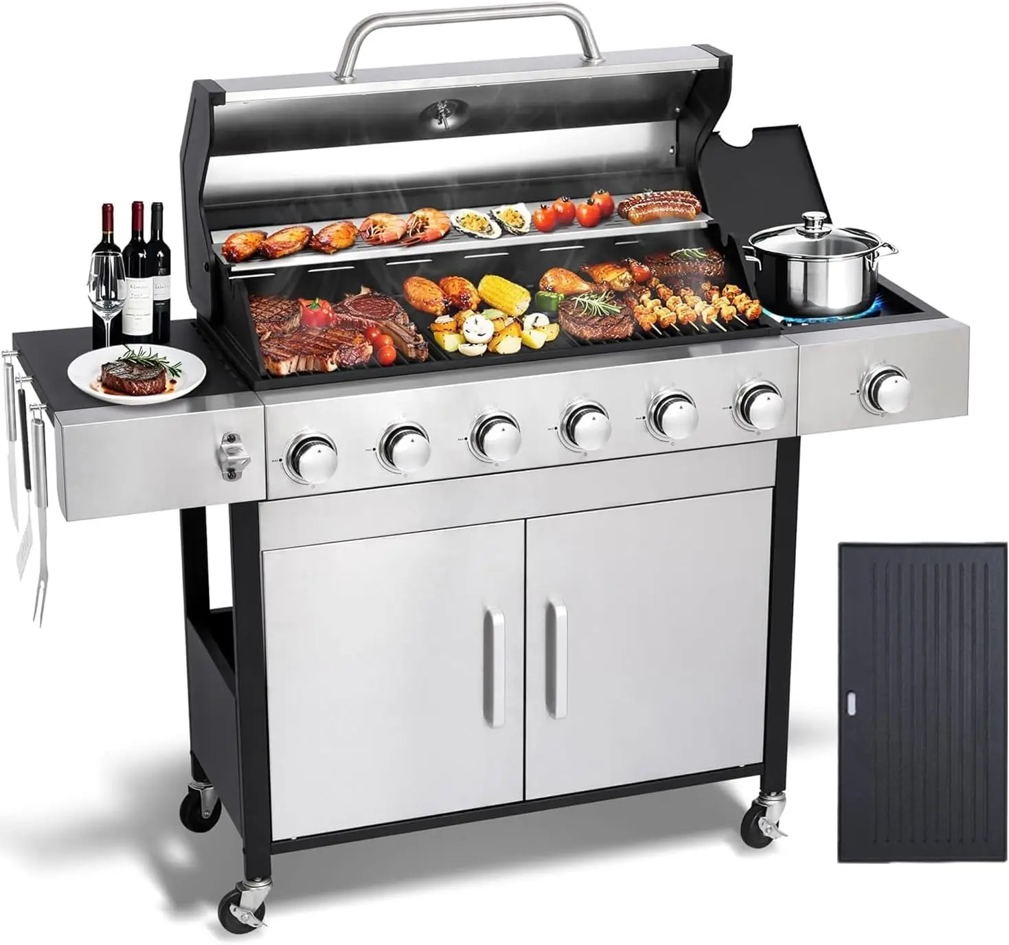 6 Burner Propane Gas Grill with Side Burner, Cast Iron Grates & Griddle Combo, Large Cabinet BBQ with Warming Rack for Backyard