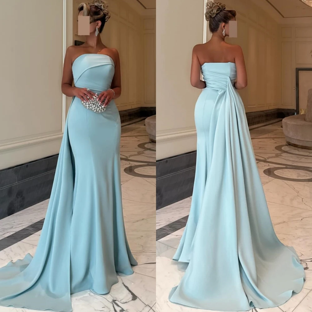 

Customized Graceful Jersey Strapless Evening Dress Exquisite Sleeveless Prom Dresses Delicate Court Train Special Occasion Gowns