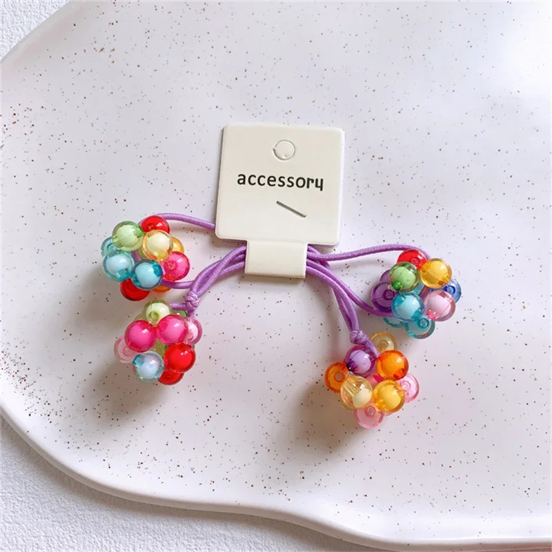 2pcs/set Colorful Beads Ball Elastic Hair Bands for Girls Candy Sweet Rubber Scrunchies Kids Hair Ties Gum Headwear