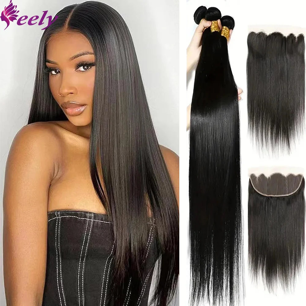 Bundles Human Hair With Closure Straight Natural Black Color Extensions 18 20 22 Inches Human Hair 3 Bundles 13x4 Lace Frontal