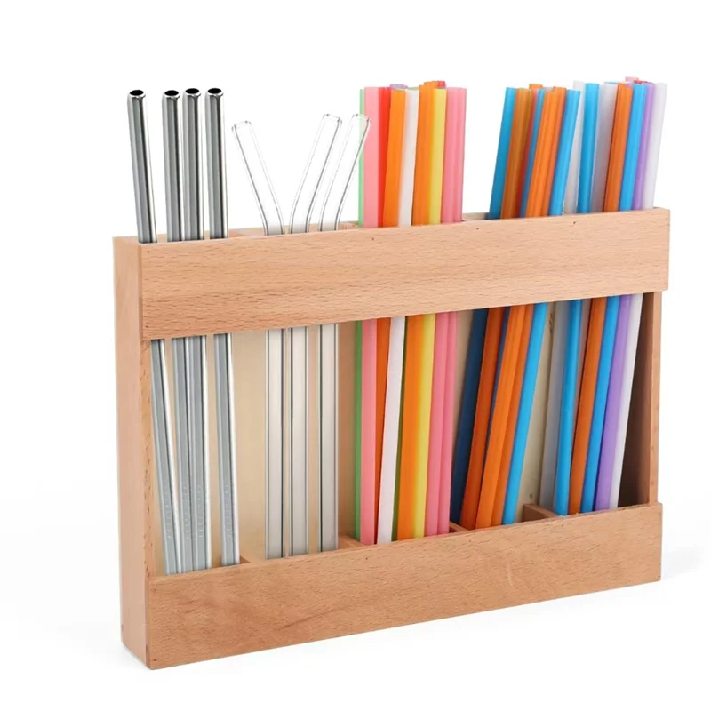 

AB42-Wooden Reusable Straw Dispenser Organizer Adhesive No Drill Installation Eco-Friendly Countertop Storage
