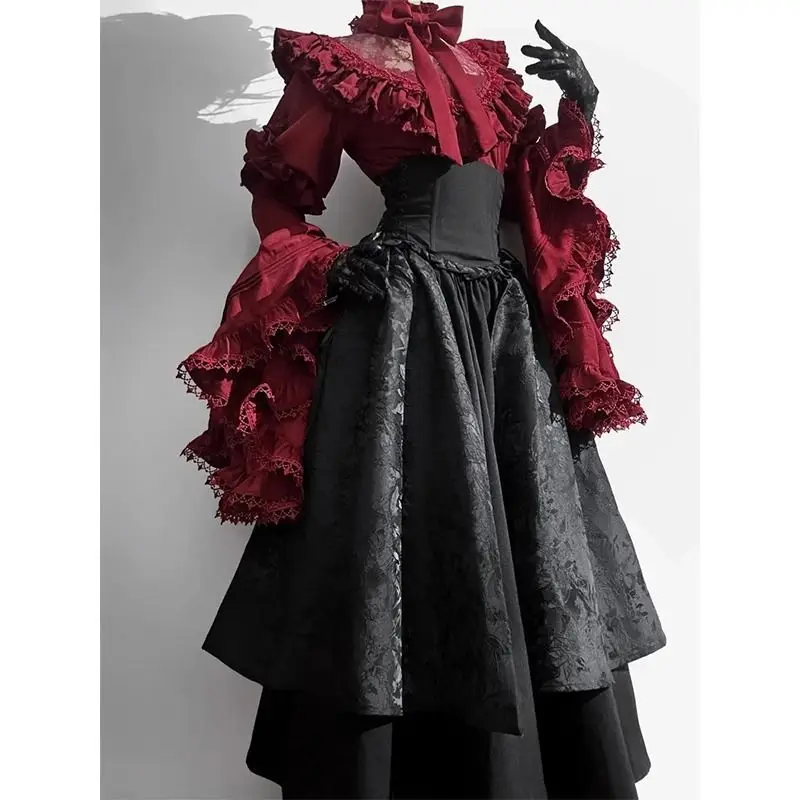 European Dress, Dark Gothic Style Lolita Shirt, Fishbone Half Skirt, Silk Sleeve Set, Lolita Elegant and Gorgeous Two-piece Set