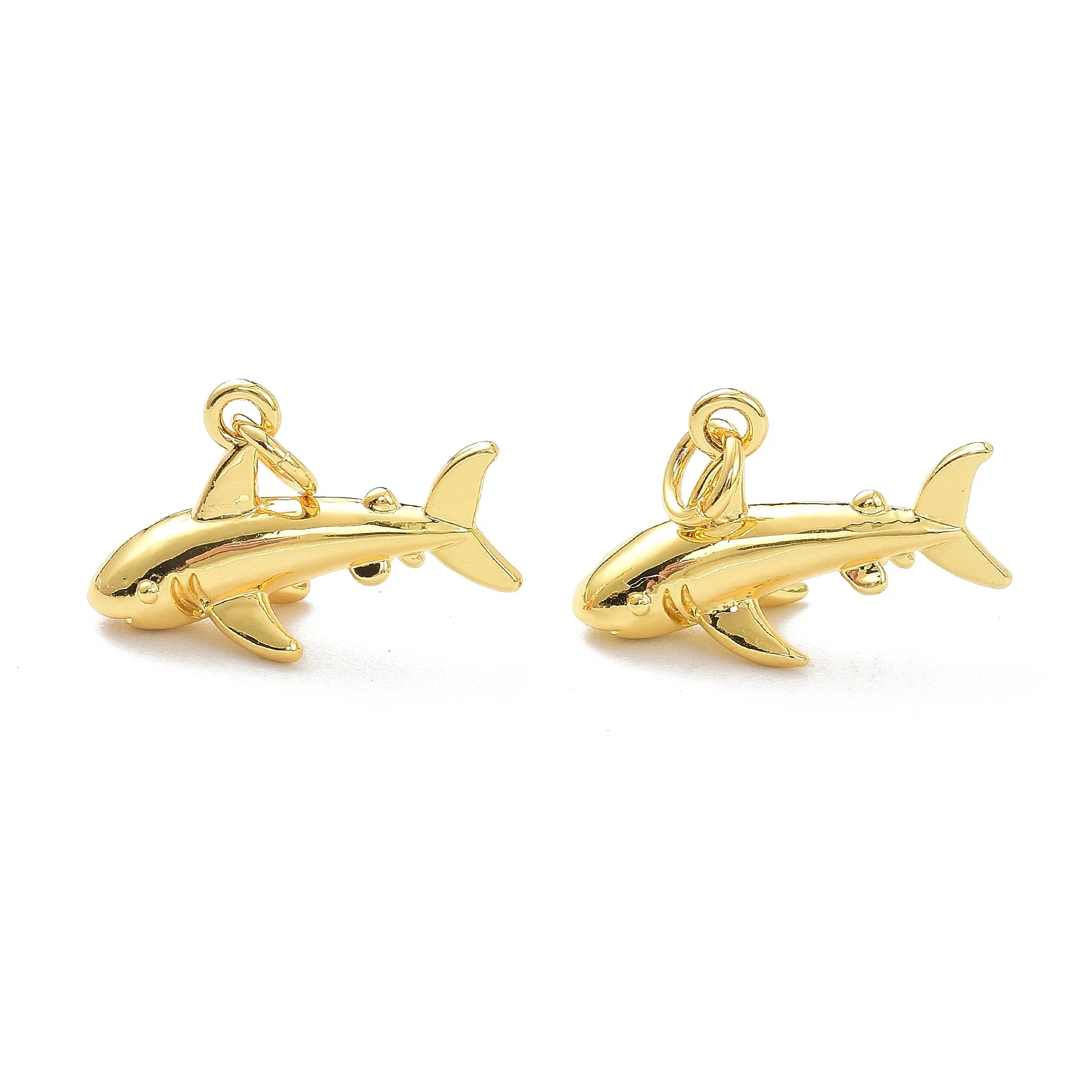 10pcs Brass Pendants, with Jump Ring, Long-Lasting Plated, Shark Shape Real 18K Gold Plated