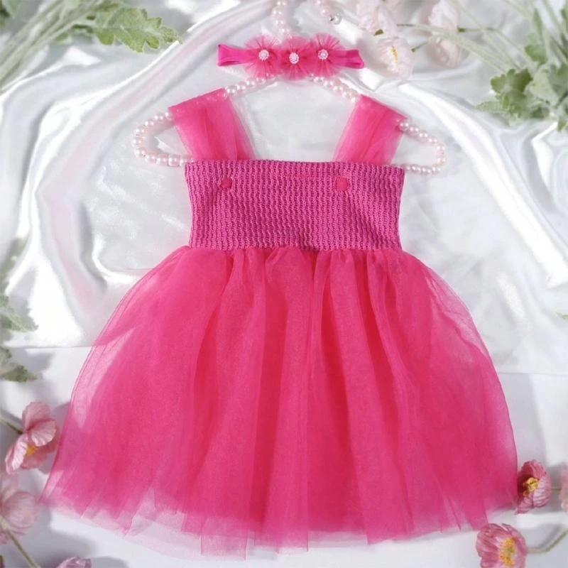 E7CE Sweet Newborn Photo Dress Soft Tulle Sundress with Headband for Memorable Moment