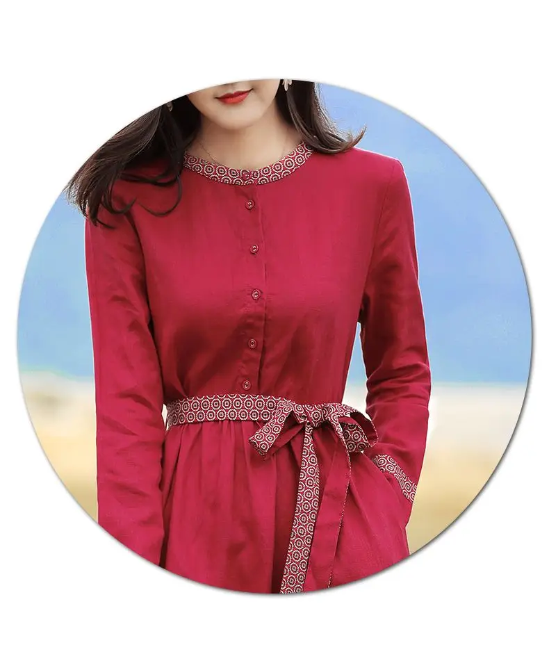 Ethnic Waist Slimming Dress Retro Style Lace-up Cotton and Linen Long Skirt