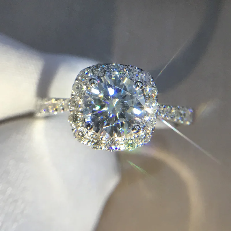 S925 Pure Silver Open Women Ring Square Set Zircon with Carat Moissanite Stone Ideal for Engagement and Proposal Occasions