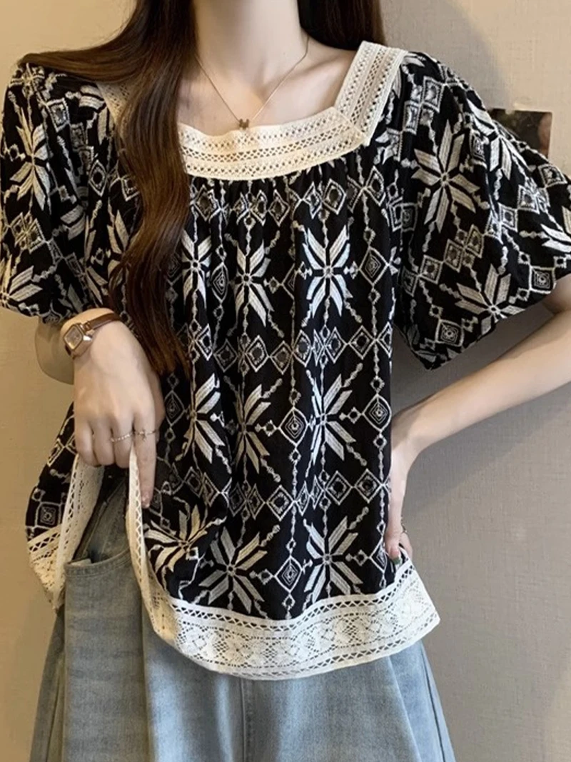 

Женская рубашка больших размеров, летняя, свободного кроя, с квадратным воротником, короткими рукавами, в стиле пэчворк, скрывающая живот, универсальная, в корейском стиле