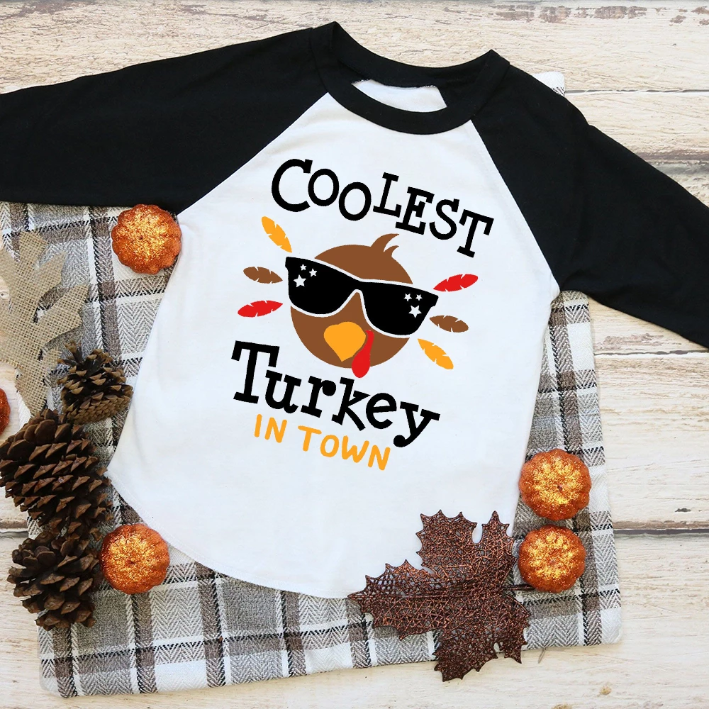 Thanksgiving Boys Girls Shirt Coolest Turkey In Town T-Shirt Kids Thanksgiving Cute Clothes Gift Tee Child Sibling Raglan Shirt