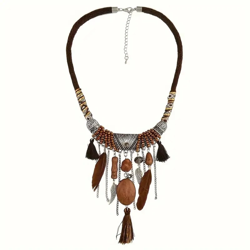 Vintage Ethnic Chic Turquoise Feather Pendant Necklace for Women Indian Tribe Bohemian Rope Necklaces Jewelry Party Accessories