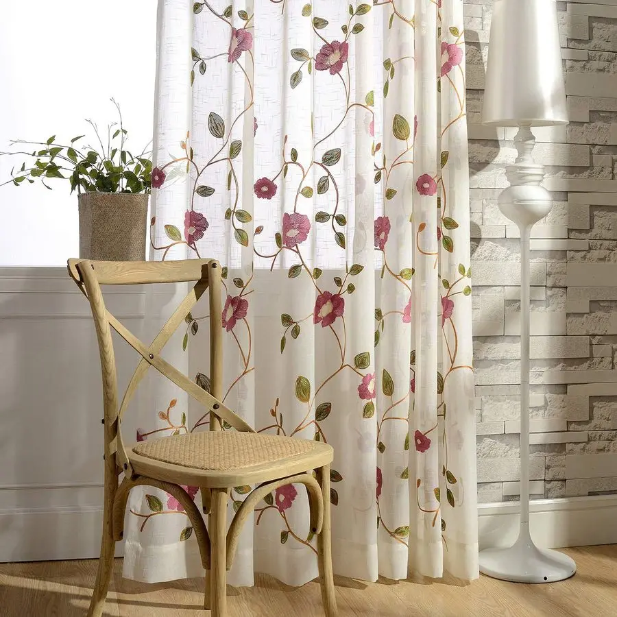 

Lightweight Breathable Sheer Curtains 63 Inch Length, Floral Botanic Embroidered Rod Pocket Light Adjusting Sheer Curtain for Be