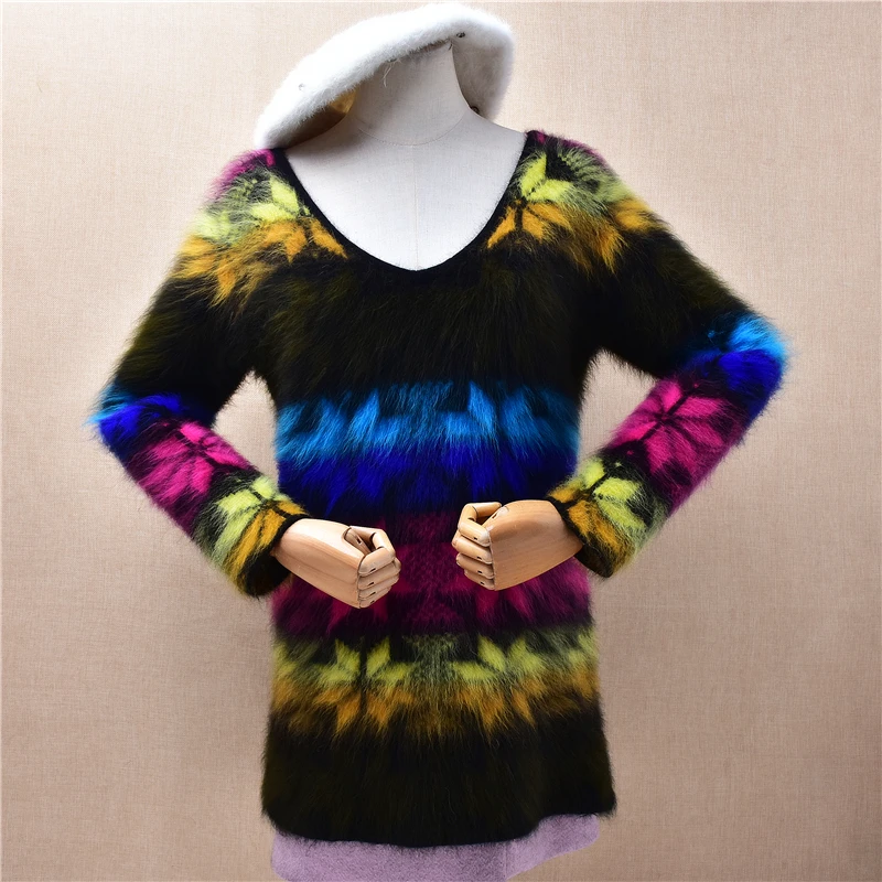 

Женский Mujer осень-зима винтажный цветной цветок волосатый ангорский кролик волосы вязаный v-образный вырез с длинными рукавами тонкие блузки свитер джемпер
