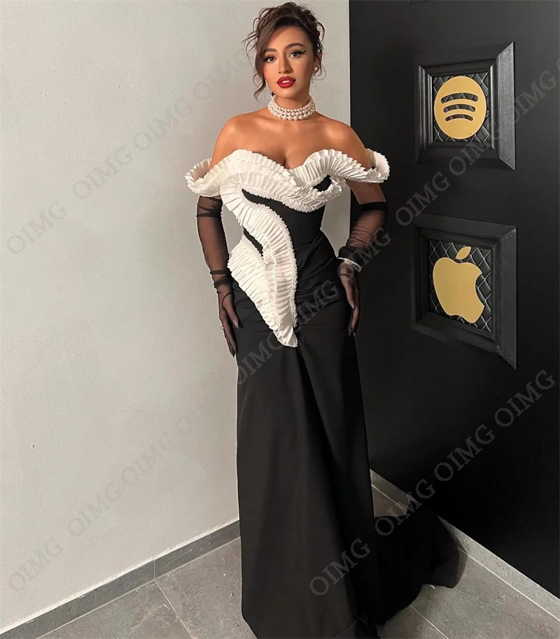 OIMG Charming Mermaid Evening Party Dress Abendkleider Dubai Black/White Long Sleeves Stain Saudi Arabic Long Formal Prom Gowns