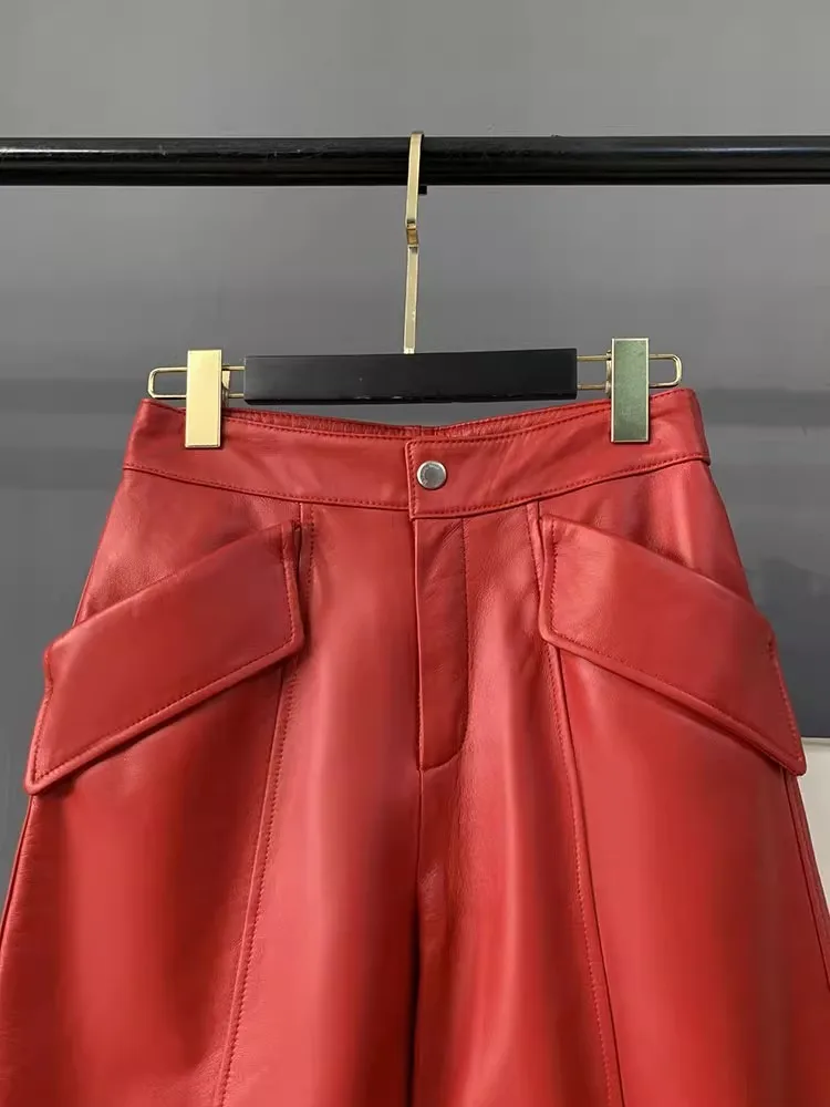 Women Genuine Leather Pants High Waist Loose Fit Mid Calf Trousers Solid Color Spring Autumn Harajuku Sheepskin Wide Leg Pants