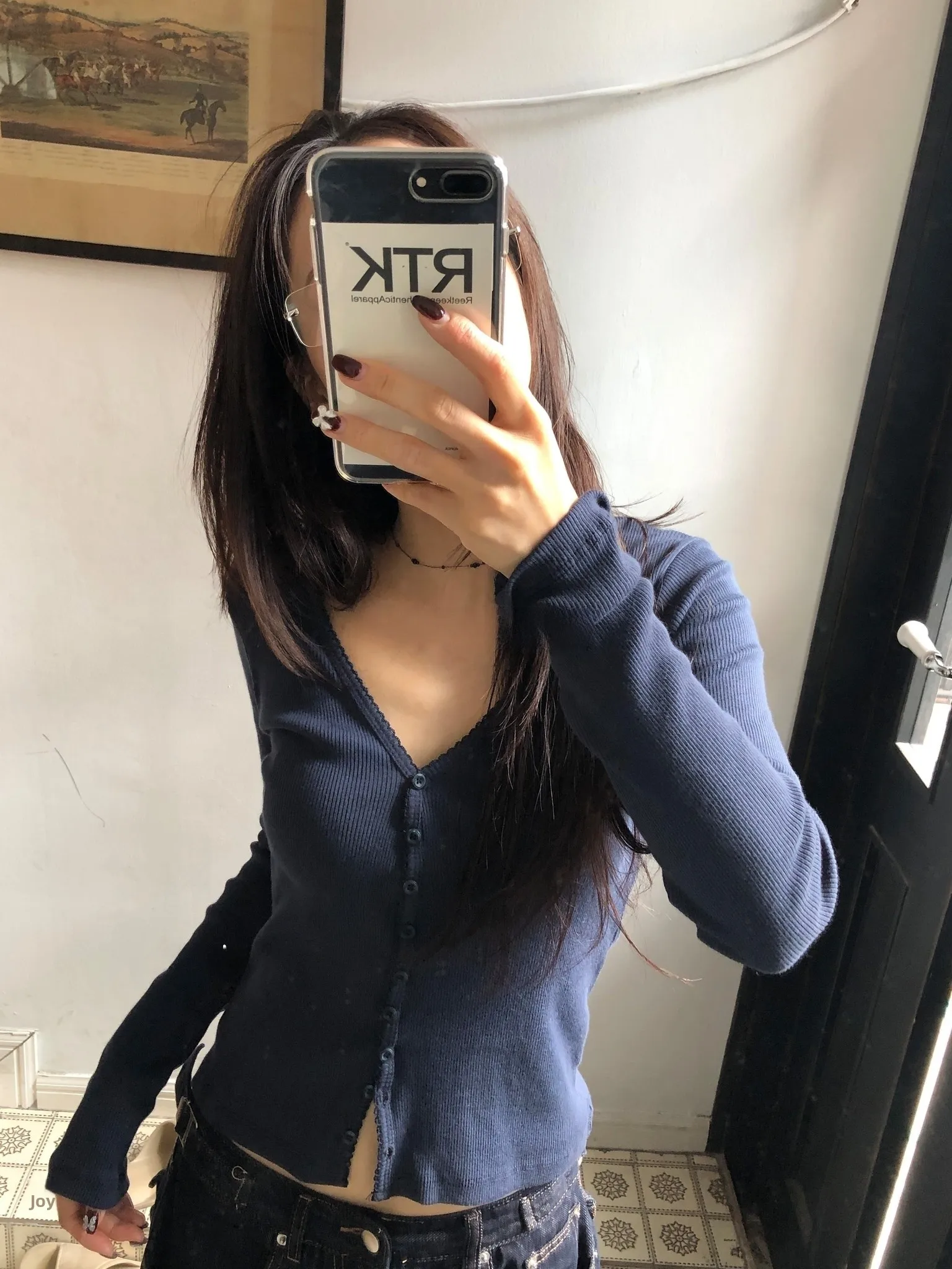 Cseta de Manga Larga Ajustada con Cuello en V, Estilo Cárdigan con Botones, Moda Coreana, Borde con Pequeñas Flores, Diseñ...