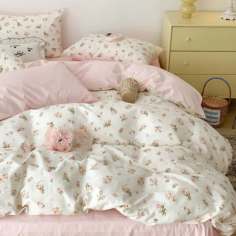 Ins Style Pink Flower Printed Bedding Set Soft Skin-friendly Duvet Cover Set Reactive Dyeing Bed Linens for Girls Bedroom