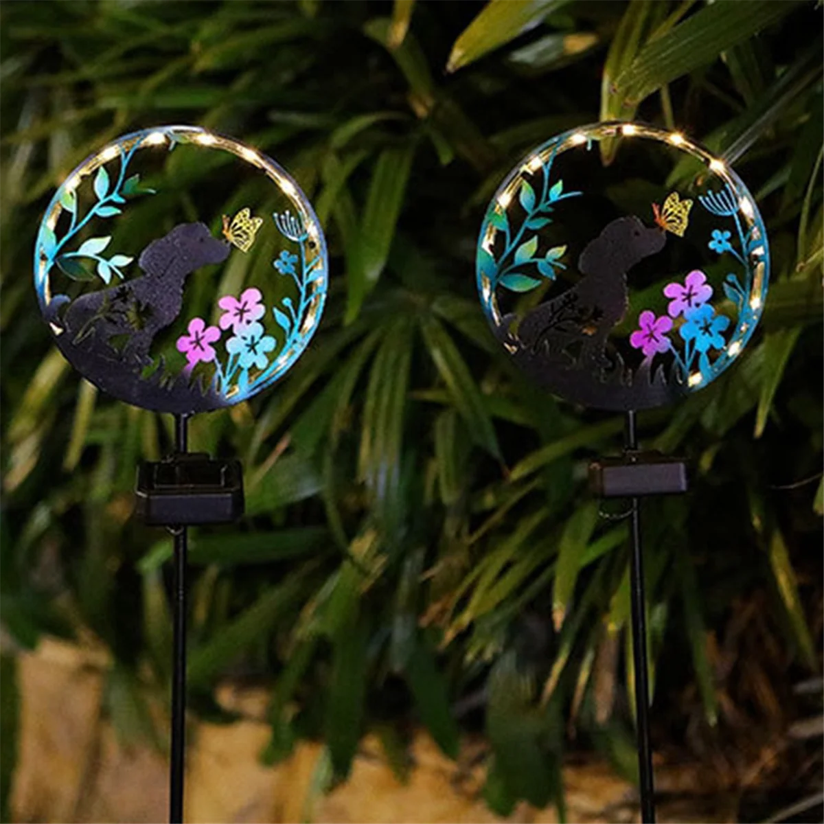 

Solar Power Iron Dog Butterfly Stake Light Outdoor Projection Lawn Lamp Decorative Landscape Light (Warm White)