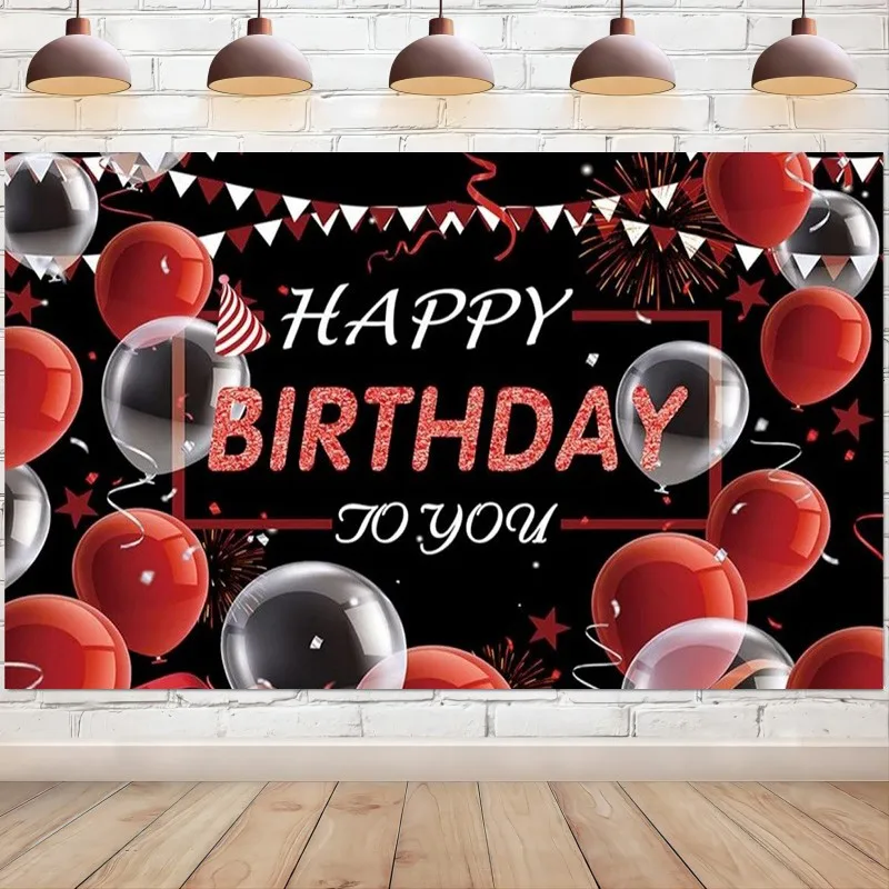 Red and Black Happy Birthday Backdrop Banner Balloon Confetti Photography Background for Men Woman Party Decoration Studio Props