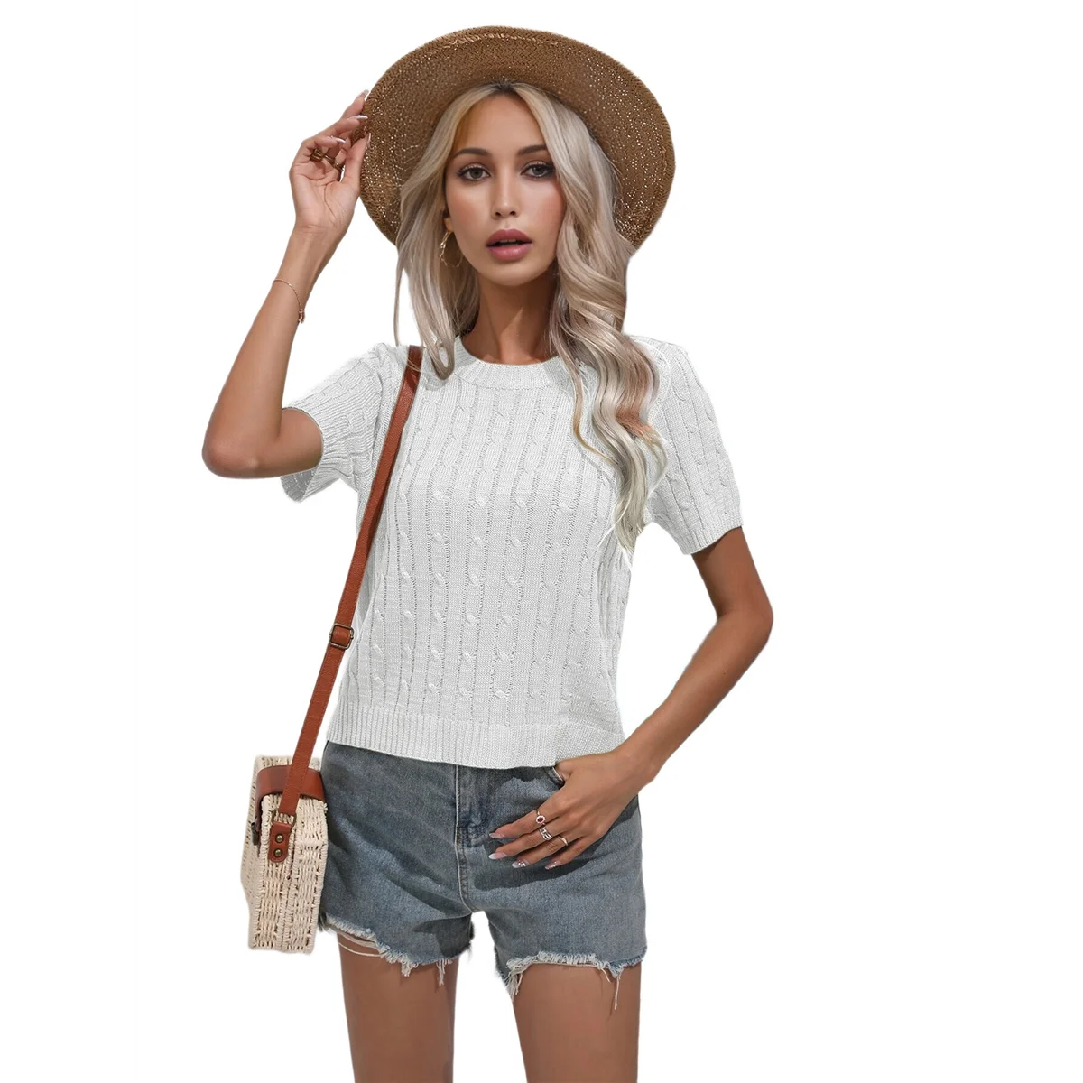 

Womens Short Sleeve Cable Knit Sweater Tops Crewneck Lightweight Spring Summer Shirts Business Dressy Casual Outfits