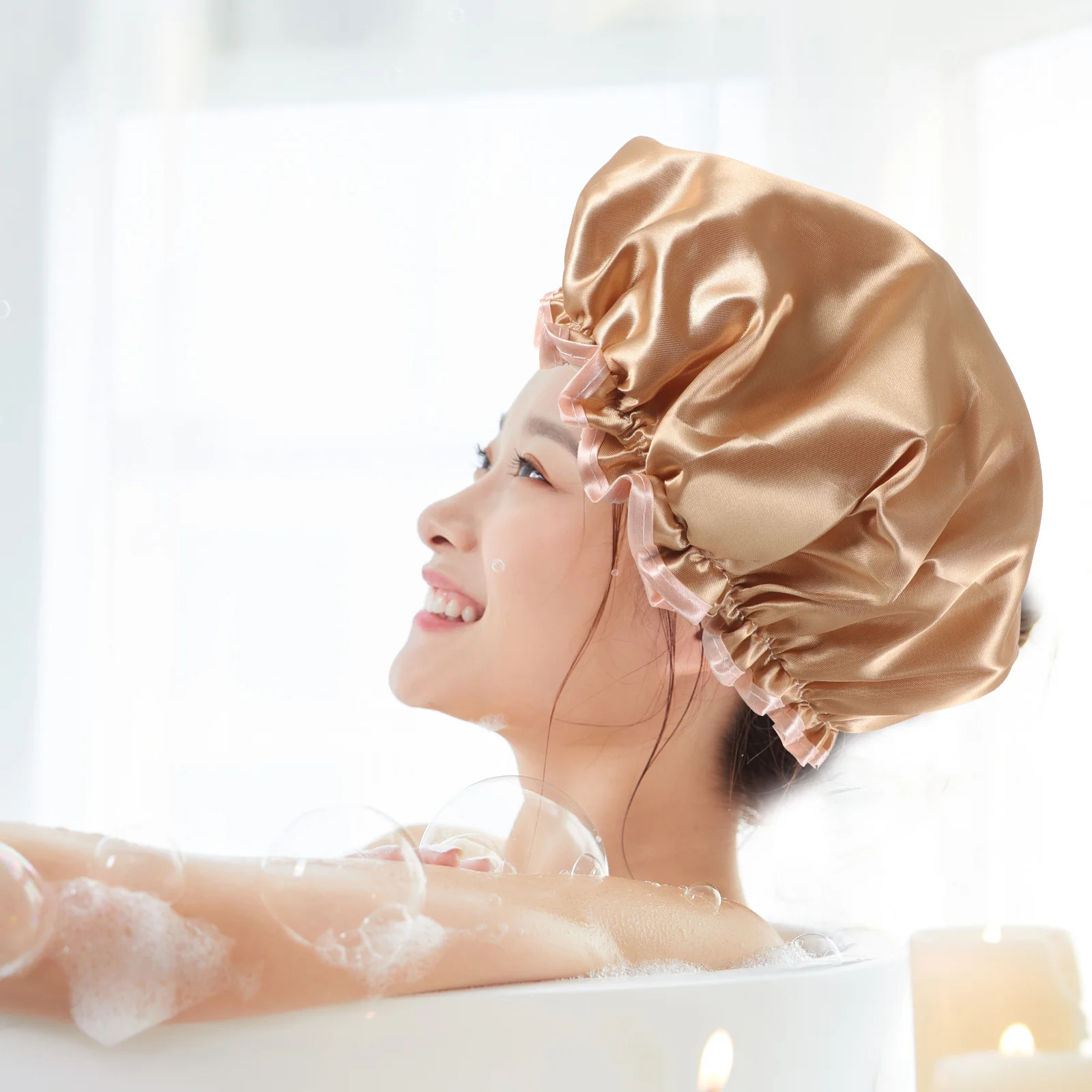 

Waterproof Shower Cap for Women Reusable Large Hair Bath Hat Elastic Comfortable SPA Cooking Protection Peva Caps Gift