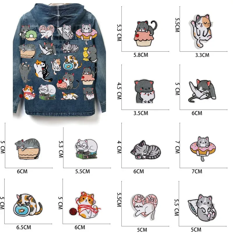 1pcs Patch Stickers Iron On Patches for Clothing Sewing Love Cat Embroidery Fusible Applique Badge Bag Decoration Stripes