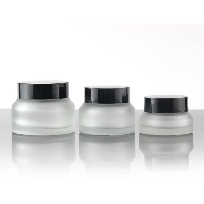 Barattolo di vetro smerigliato da 30G con coperchio nero essenza/gel per gli occhi/crema giorno notte/idratante/acido ialuronico labbra bottiglia di vetro per imballaggio cosmetico