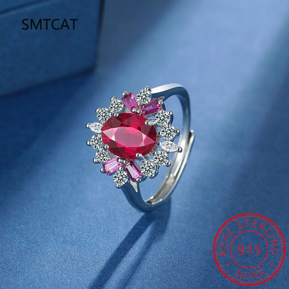 Halo-Ringe für Damen, mit rotem Rubin, Prinzessin Diana, 2,67 ct, ovaler Schliff, 925er-Sterlingsilber, verstellbarer Ring, Edelstein, feiner Schmuck